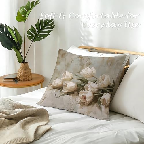 Vintage White Tulip Floral Pillow Cover 18x18, Cottagecore Room Decor, Neutral Farmhouse White Flower Decorative Throw Pillow Covers Pillowcases for Living Room Home Bedroom