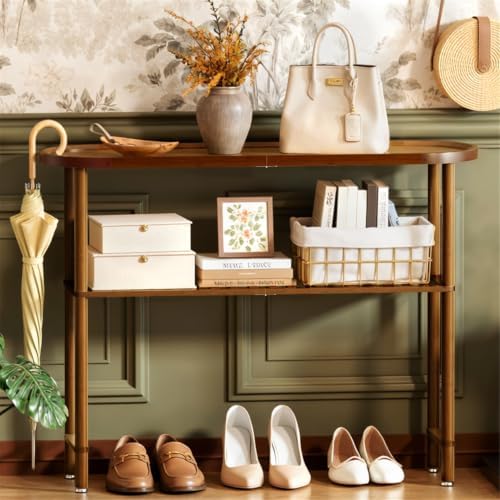 Farmhouse Entryway Table Bamboo 39.4", Narrow Console Table Oval Top, Behind Sofa Table with Anti-fall Edge, TV Stand for Living Room, Indoor Outdoor Plant Stand, 5min Easy Assembly, Dark Walnut