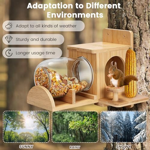 Bamboo Wood Squirrel Feeder, Outdoor Squirrel Feeders for Garden Tree, Chipmunk Feeder for Corn and Peanuts, with Removable Glass Storage Bottle and 2 Stable Stools