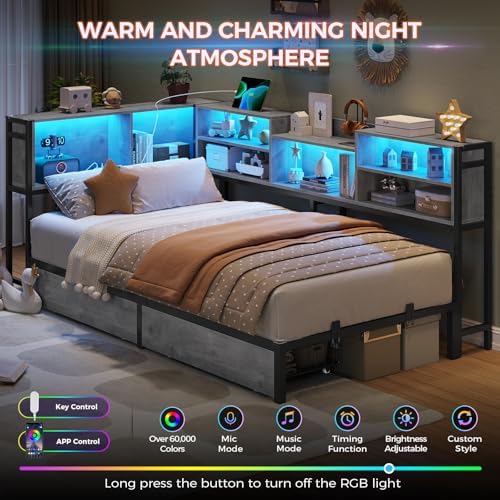 Corner Twin Bed Frame with Bookcase Storage Headboard & Led Lights,Oak Gray