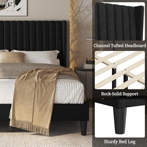 Yaheetech Queen Bed Frame with Headboard, Black Channel-Tufted Platform
