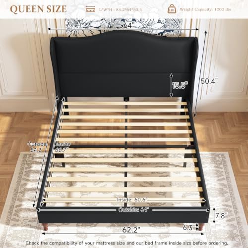 koorlian Queen Size Upholstered Bed Frame with 51" Tall Headboard, Black