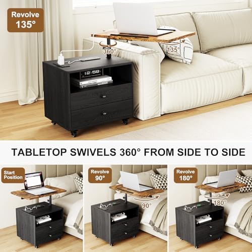 Bedroom Nightstand with Drawers & Charging Station, Adjustable Height Bedside Table with Wheels, Wooden Small Sofa Side Tables with Storage for Living Room, Black Brown