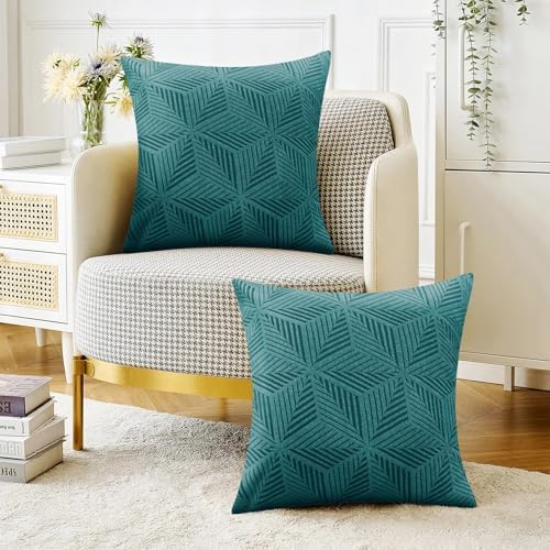 YEMYHOM Pack of 2 Throw Pillow Covers 18 x 18 Inch High Stretch Jacquard Pillowcase for Couch Sofa Living Room Home Decor, Peacock Blue