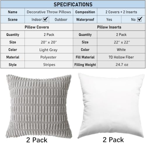 2 Pack Corduroy Decorative Throw Pillow with Inserts, 20x20 Inch Soft Boho Throw Pillow, Square Striped Throw Pillows for Couch, Bed, Sofa Decor (Light Gray)