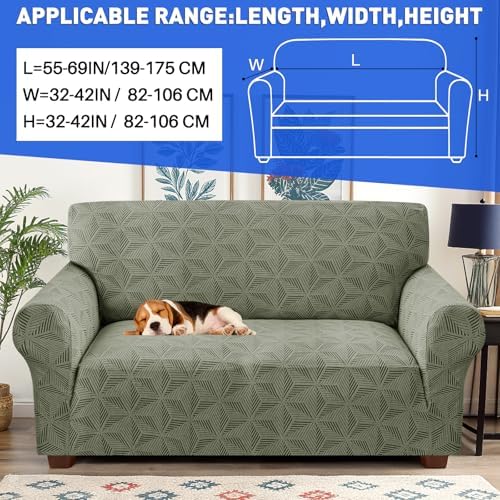 YEMYHOM 1 Piece Stretch Couch Covers for 2 Cushion Couch, Jacquard Loveseat Cover with Non-Slip Elastic Bottom, Thickened Slipcover Furniture Protector for Dogs Pets (Medium, Army Green）