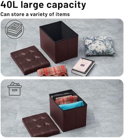 Bsketa Storage Ottoman Bench, 16" Folding Leather Foot Rest, Brown 2 Pack