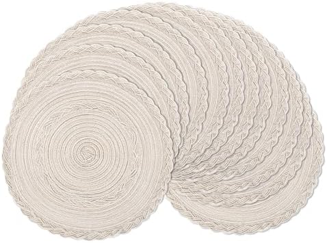 SHACOS 15 inch Round Braided Placemats Set of 12 for Dining Table Woven Boho Place Mats Kitchen Placemat Washable Table Mats, Ivory Bordered
