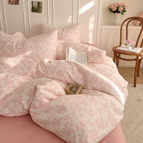 Pink Floral Duvet Cover Set King Size 3PCS Cotton Double-Layer Gauze Comforter Cover and 2 Pillowcases Soft Breathable Aesthetic Bedding Duvet Cover for Kids Adults Chic Floral Print Duvet Protector