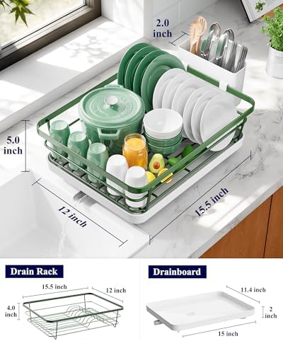 Kitsure Dish Drying Rack for Kitchen Counter, 12''W x 15.5''L, Green