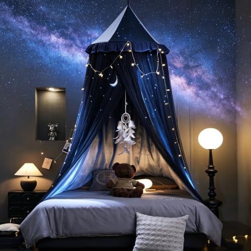 Kertnic Princess Bed Canopy for Girls, Double Layer Round Bed Mosquito Net, 31.5" Large Dome Moon Pattern Printed Bed Canopy, Sleeping & Reading Nook Curtain for Boys Girls (Night Sky)