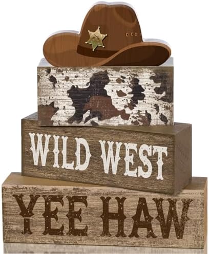 Yuntau 4 Pcs Western Cowboy Table Decor Wooden Block Signs Cowboy Hat Set