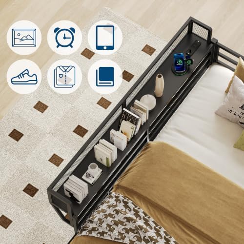 Queen Over Queen Metal Bunk Bed with Storage Shelf & USB Charging