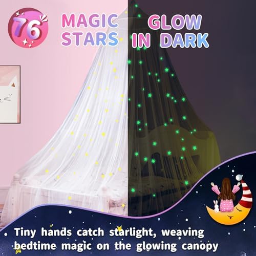 South to East White Bed Canopy for Girls with Glowing Stars, Gift for Girl