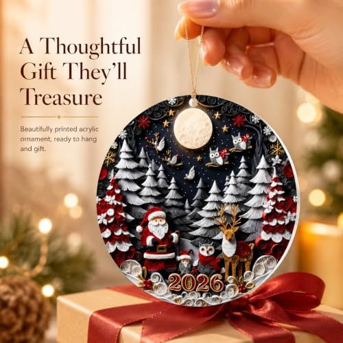 Santa Christmas Tree Ornament 2026 Capturing the Charm of a Paper Quilling–Inspired Woodland Winter Scene, Acrylic Holiday Keepsake for Scandinavian Christmas Decor