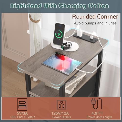 sthmec End Table with Charging Station,Narrow Side Tables with USB Ports and Outlets,Skinny Bedside Tables with 3 Drawers,Small Tables Nightstands for Small Space,Slim Sofa Table for Livingroom,Grey