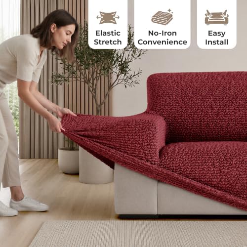 PAULATO Premium Stretch Couch Covers for Sofa - Sofa Chair Cover Washable, Dogs & Pets Friendly - Elastic Polyester Loveseat Slipcovers - Non-Slip Love Seat Couch Covers - Burgundy (64"-85" Wide)