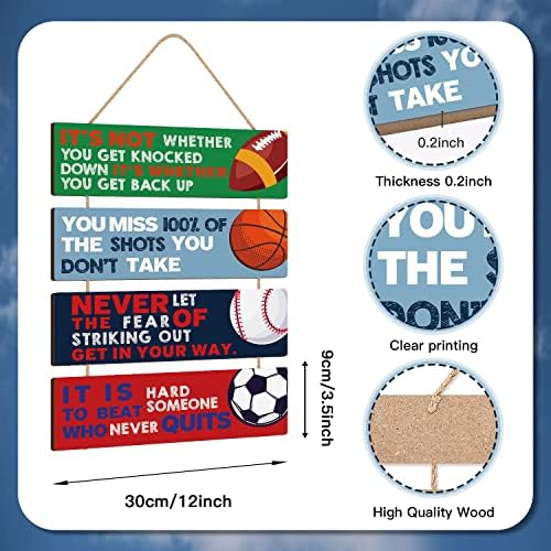 Sport Themed Wall Decor,Football Wood Sign(3.5"x12"),Inspirational Never Give Up Wooden Sign,Basketball Wood Hanging Wall Art For Boys Kids Room Playroom Nursery Decor(Modern style)