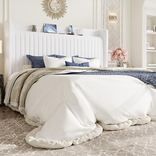 SHA CERLIN King Size Velvet Bed Frame with Shelf, Charging Station, White