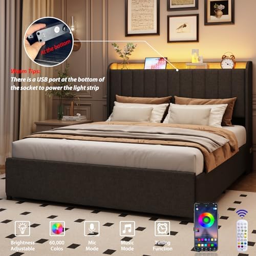 Full Bed Frame with 4 Drawers and Storage Headboard, Upholstered Platform Bed Frame Full Size with Led Lights and Handy Charging Station, No Box Spring Needed, Easy Assembly, Noise Free, Gray