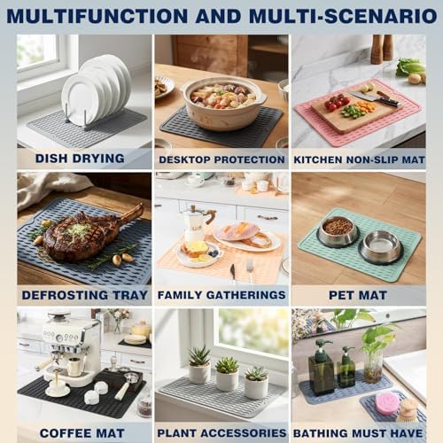 2 Pack Caketime Silicone Dish Drying Mat for Kitchen Counter Heat Resistant Pads Hot Dishes Waterproof with Under Sink Soap Holder Coffee Bar Accessories Women Gifts Extra Large 18"x16" Light Gray