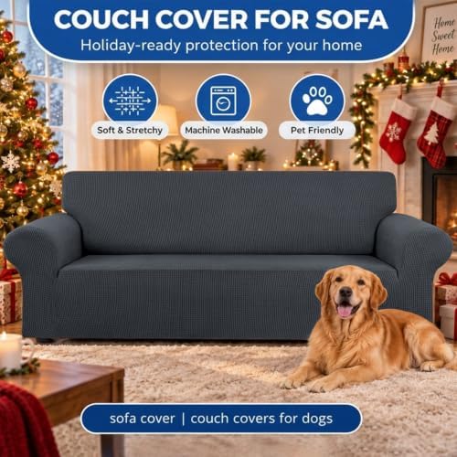 KEKUOU Stretch Couch Covers for Sofa, 3 Cushion Couch Slipcover,Charcoal