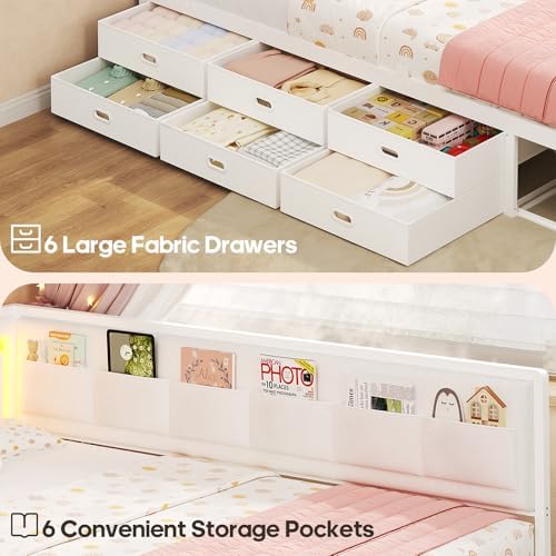 ADORNEVE Twin Corner Bed Frame with 8 Storage Drawers and LED Lights,White