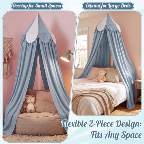 Bed Canopy with Scalloped Edge, 2 Panel Striped, Blue