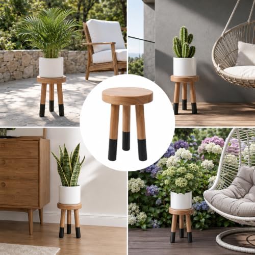 Rubber Wood 9" Round Plant Stand |Dip Dyed Black Stool, Wood Riser |Milking Stool (12" H)
