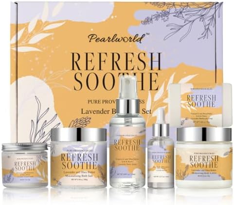 Spa Gift Set for Women, 6Pcs Lavender Bath Gift Set Home Spa Kit with Bath Salts Body Butter Shower Gel Essential Oil Candle Soap Self Care Gifts for Her Birthday Mother's Day Christmas