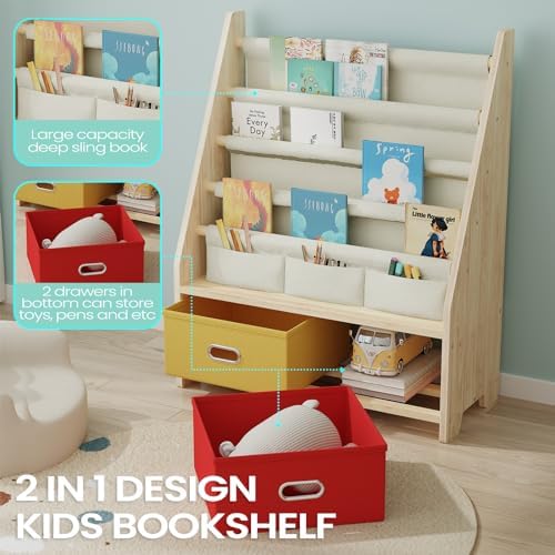 EXPERLAM 4 Tier Kids Book Shelf, Wooden Kids Book Rack Storage Bookshelf with Toy Storage Organizer, Toddler Sling Bookshelf for Boys, Girls, Play Room, Nursery, Red/Yellow