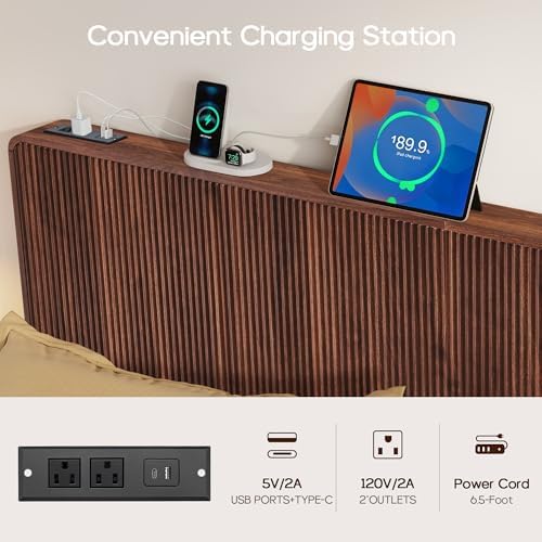 Wood Headboard King Size with 2 Outlets and USB & Type C Port