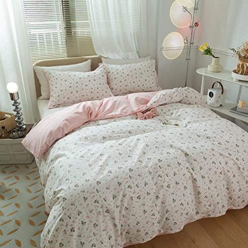 Pink Floral Duvet Cover Set 100% Cotton Queen(90"x90"),White Pink