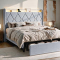 SHA CERLIN King Size Bed Frame with Storage Drawer & LED Lights, Grey