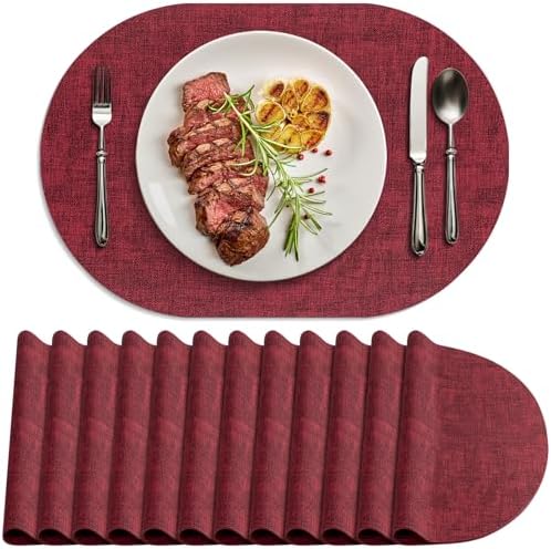 Faux Leather Oval Placemats Set of 12, Wine Red