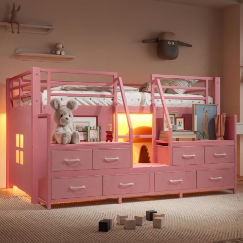 Bellemave Low Loft Bed Twin Size with Storage Shelves & Fabric Drawers, Metal Twin Loft Bed for Kids with LED Lights & Under-Bed Play Area, Low Loft Bed Frame for Bedroom, No Box Spring Needed, Pink