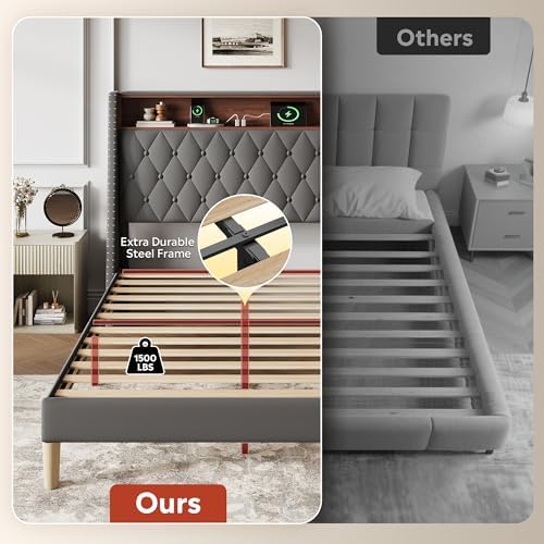 WLIVE Full Size Upholstered Bed Frame with 48'' Tall Wingback Headboard, Velvet Square Tufted Platform Beds with Charging Station, Sturdy Metal & Wooden Slats Support, Grey