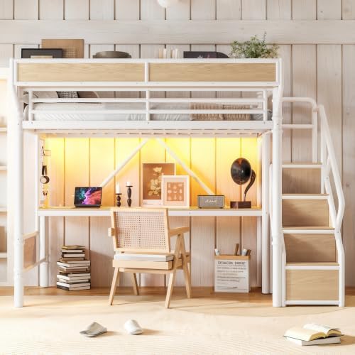 Twin XL Size Metal Loft Bed Frame with Staircase & Built-in Desk & Wardrobe, Loft Bed with Pegboard & Mesh Storage Baskets & Slats, No Box Spring Required, Easy Assembly, for Bedroom, White