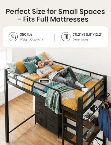 Full Metal Loft Bed with L-Shaped Desk and 8 Storage Drawers,Black
