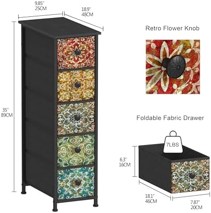 GiftGo Retro Skinny Dresser with Fabric Drawers Thin Slim Boho Mandala Flower Chest of Drawers Narrow Storage Tower for Small Spaces Gaps Bedroom Beautiful Nightstand Living Room Table