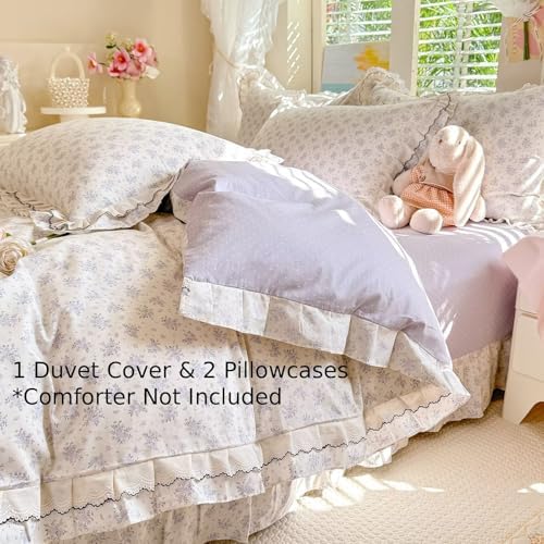 Cotton Floral Duvet Cover King Size 3 Pcs,Ruffled Bedding 104"×90"