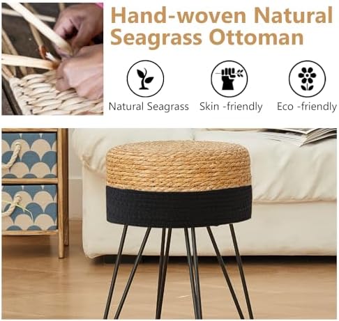 Vanity Stool Wicker Boho Makeup Chair Natural Seagrass Black