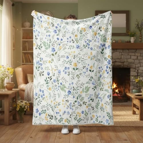 Spring Floral Throw - Blue & Yellow Watercolor Floral Blanket for Couch Sofa Camping, Farmhouse Cottagecore Flowers Bedding Decor, Soft Warm Flannel Throw for Women Girls, 60X80