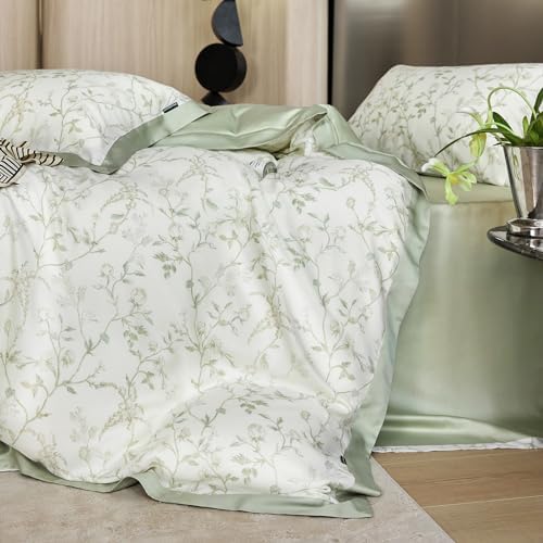 Green Flower Duvet Cover Twin Cooling Lyocell Comfoter Cover Set for Hot Sleeper,Moisture Wicking Silky Bedding Set-Mint Green
