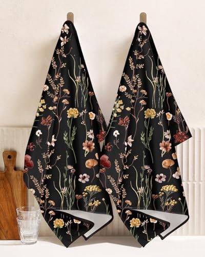 Miss Adola Cute Kitchen Towels Set of 2, 18 x 26 Inch, Black Flower