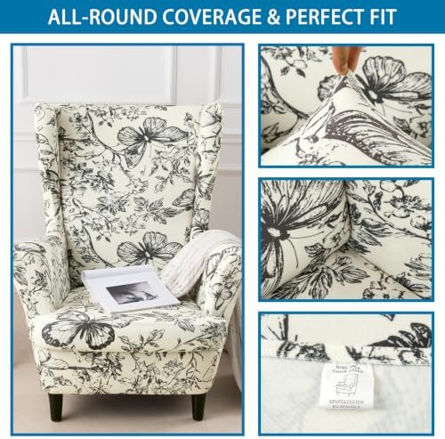 HZDHCLH Wingback Chair Slipcover 2 Piece Plush Velvet Stretch Wingback Chair Cover Washable Black Butterfly Wildflower Print Furniture Protector for Living Room Bedroom Hotel