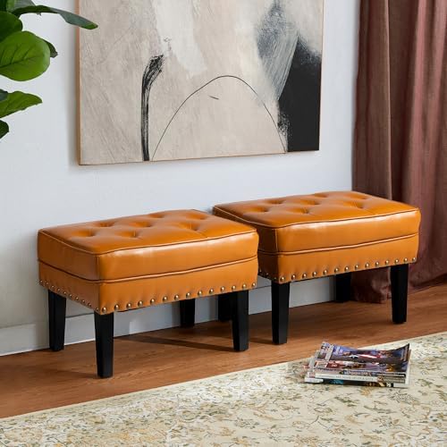 Glitzhome Set of 2 Ottoman Stool, Mid-Century Modern PU Leather Vanity Accent Stool Chair, Makeup Stools Footrest Side Table for Living Room Vanity Entryway, Cognac