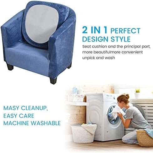 MIFXIN 2 Pieces Velvet Tub Chair Covers with Cushion Cover Stretch Soft Removable Tub Chair Slipcovers Armchair Sofa Couch Furniture Protector Cover for Living Room Club Bar Counter (Navy Blue)