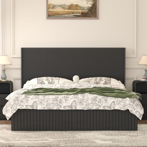 Queen Size Headboard Only, Wood Head Board with Charging Station & LED Lights, Modern Fluted Wall-Mounted Bed Headboards for Bedroom, Height Adjustable, Black