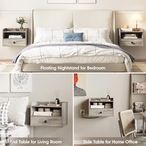 Floating Nightstand Set of 2 Modern Night Stands with Drawer and Open Shelf